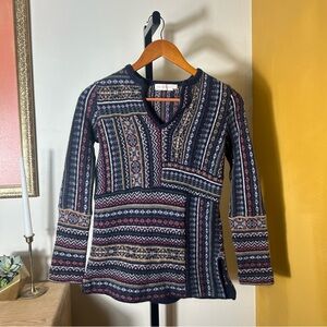 Tory Burch Fair Isle Jacquard Patchwork Tunic Knit Wool Alpaca Sweater Size XS